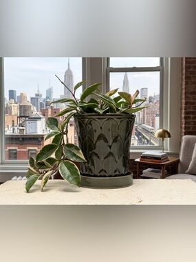 Dark Green Ceramic Barrel Planter with Attached Saucer- 5” Ribbed Scalloped